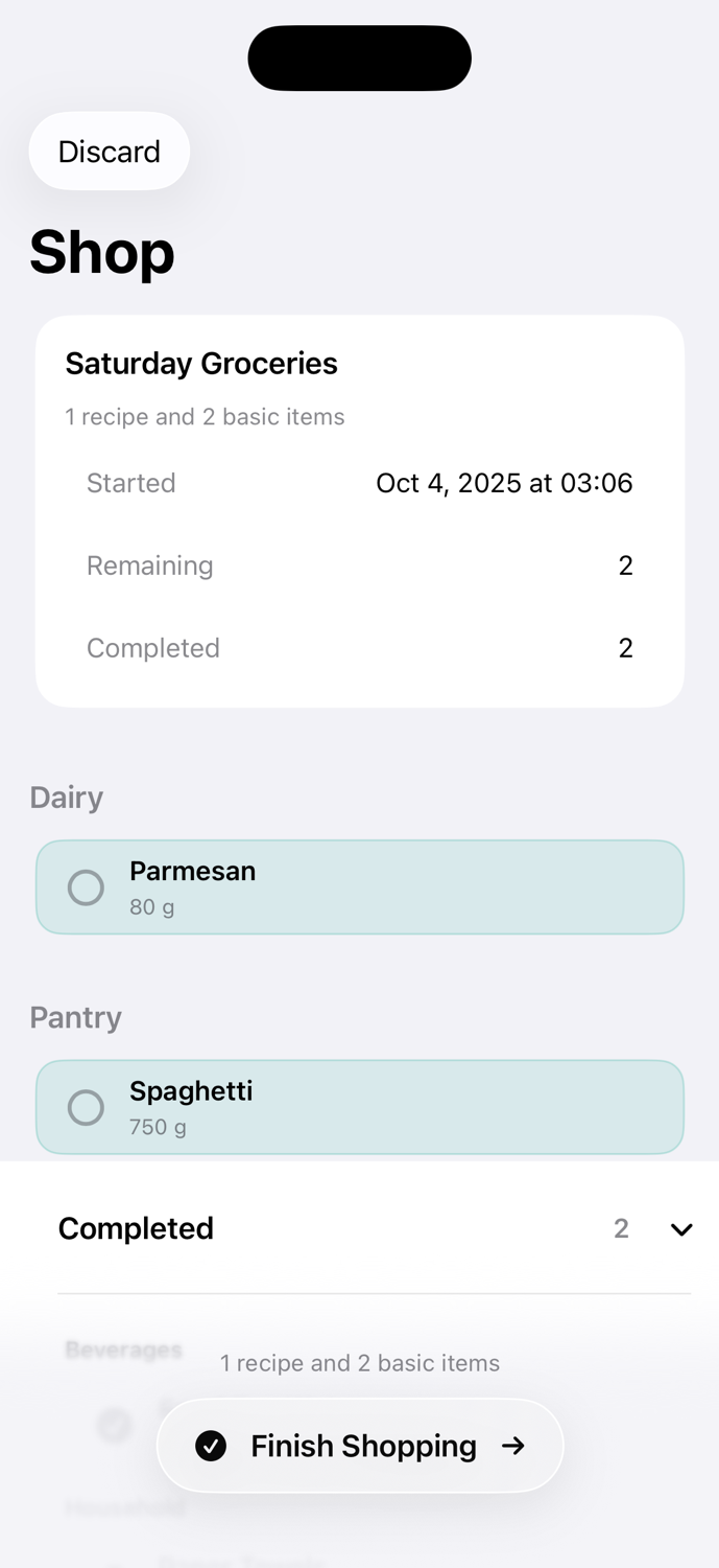 Wocheneinkauf shopping run screen showing remaining items and a finish shopping button